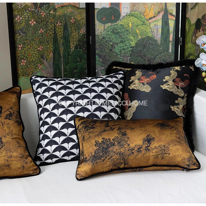 Afralia™ Chinoiserie Sunset Glow Landscape Accent Cushion Cover - Exquisite Retro Decor Pillowcase