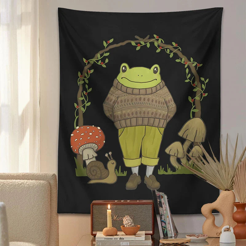 Frog Mushroom Aesthetic Tapestry Wall Hanging for Bedroom by Afralia™