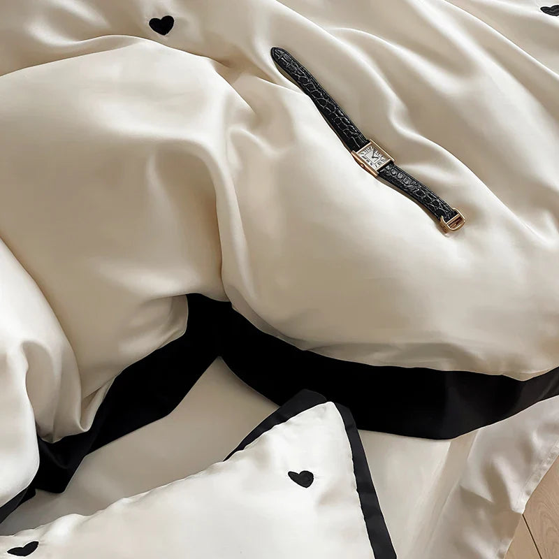Afralia™ Luxe Heart Embroidered Bedding Set: 100% Lyocell Duvet Cover Set with Sheets