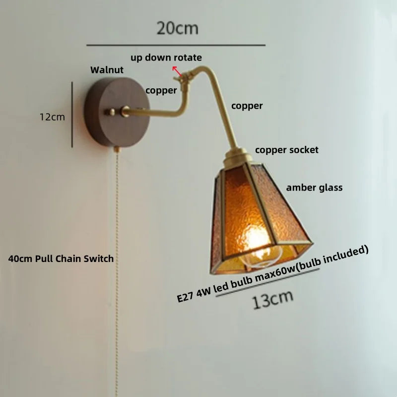 Afralia™ Copper Rotate Arm LED Wall Light: Clear Glass Walnut Bedside Lamp