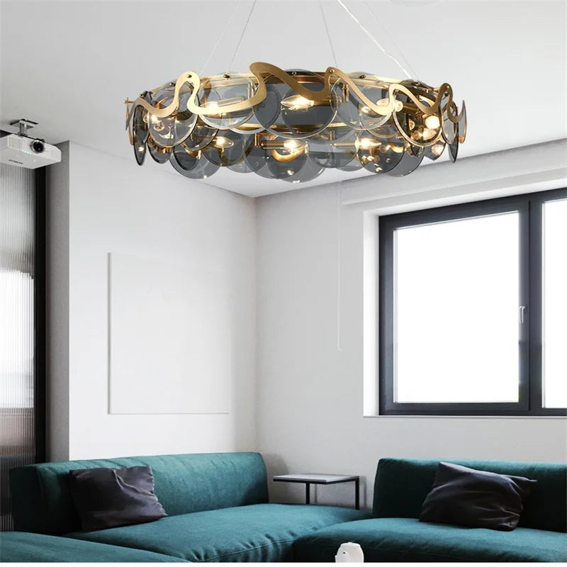 Afralia™ Round Glass Pendant Chandelier: High-End Wrought Iron LED Lighting for Dining Room & Kitchen