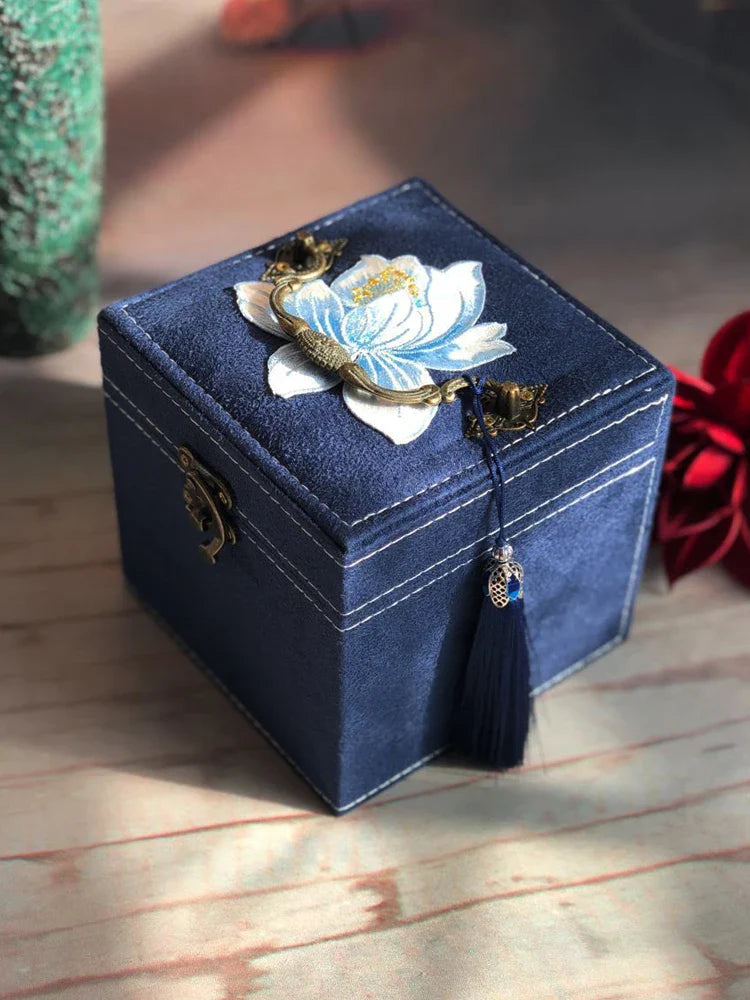 Afralia™ Three-Layer Floral Embroidery Jewelry Organizer & Makeup Box