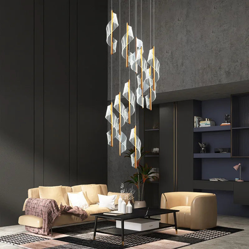 Afralia™ Modern Gold Spiral Stairs Acrylic Chandelier LED Pendant Lighting Spiral Stairs Hanging Luminarias