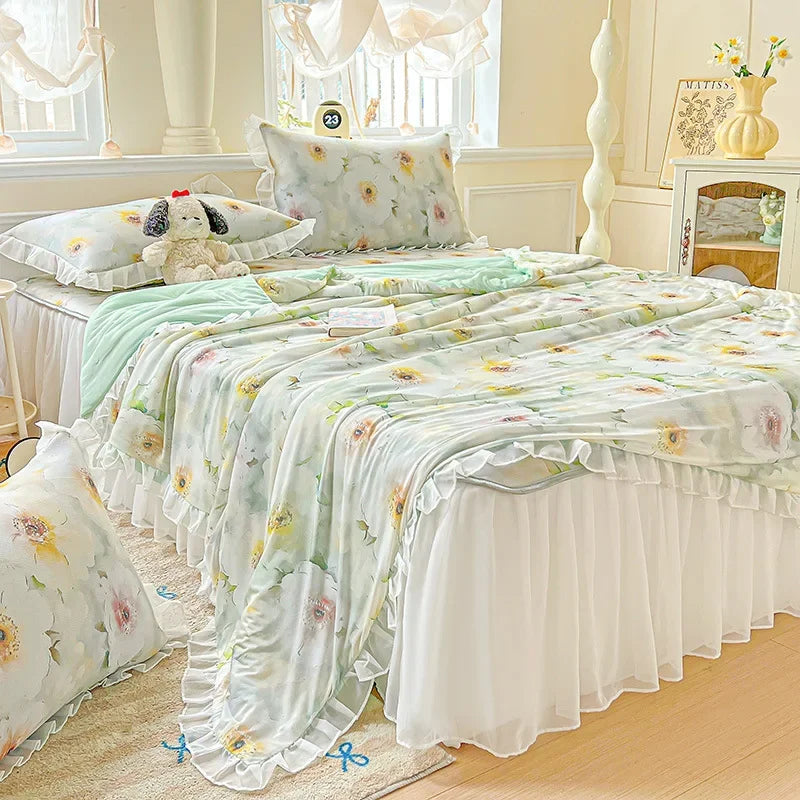 Afralia™ Floral Print Lace and Ruffle Summer Quilt: Skin-Friendly, Breathable Comforter