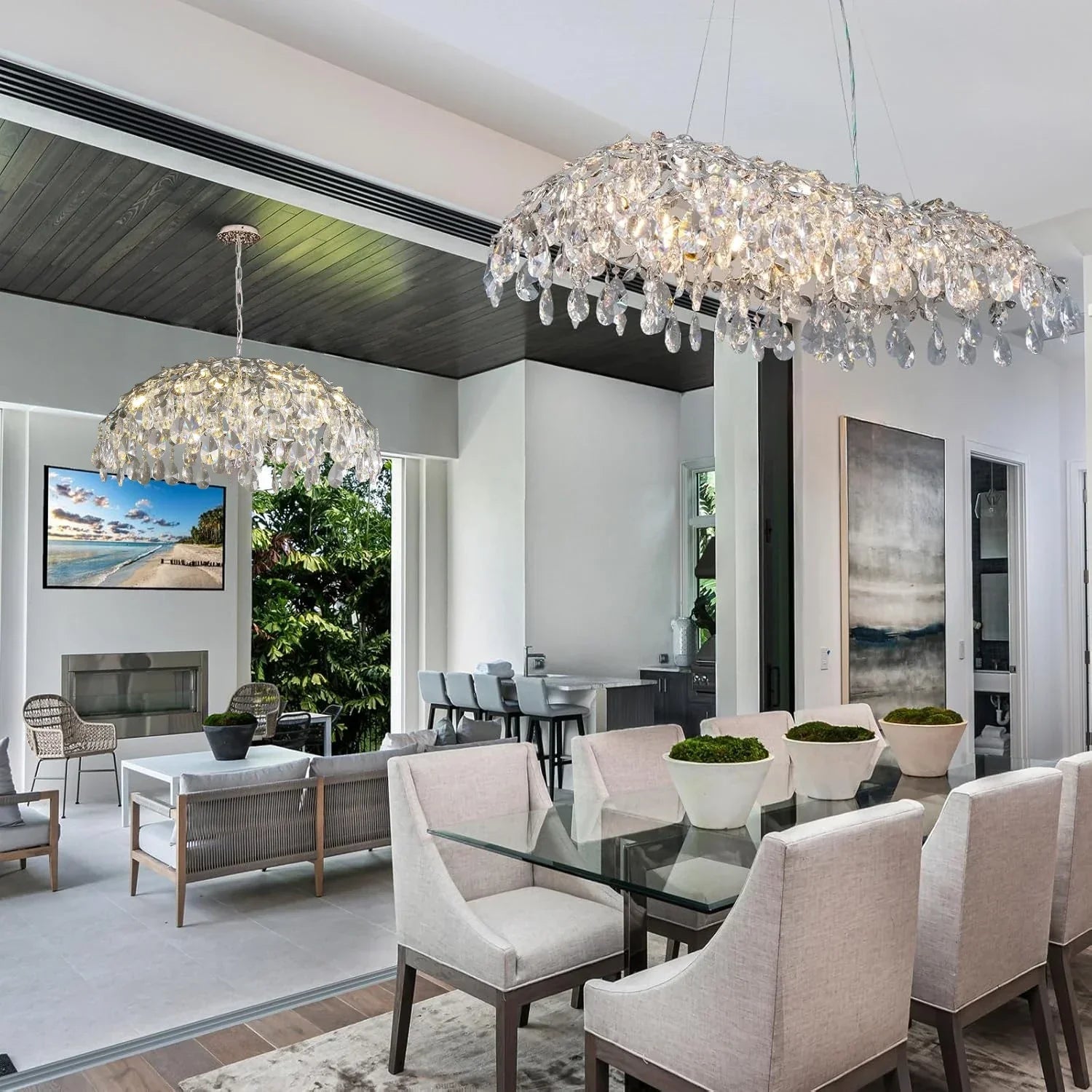 Afralia™ Silver Crystal Chandelier for Living Room Dining Kitchen Bedroom