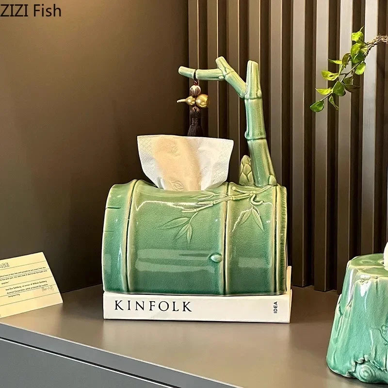 Afralia™ Bamboo Tissue Box: Ceramic Green Bamboo Design for Coffee Table & Desk Decor