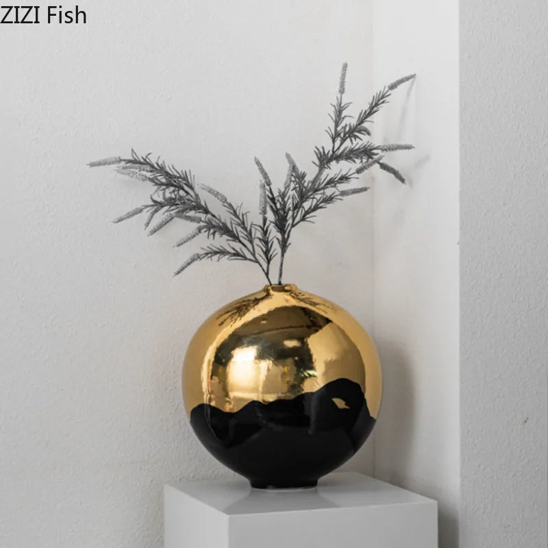 Afralia™ Black Golden Ceramic Vase Desk Decoration Minimalism Aesthetic Floral Room Decor