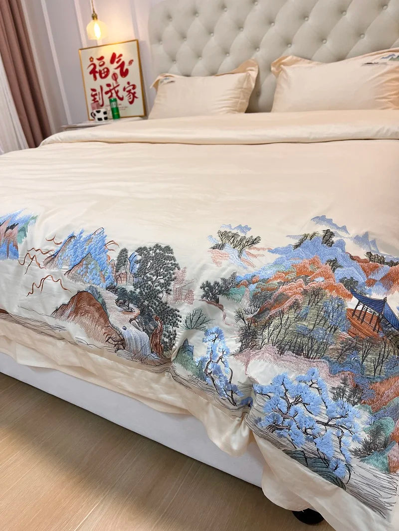 Afralia™ Mountain River Landscape Embroidery Bedding Set - Duvet Cover, Bed Sheet, Pillowcases