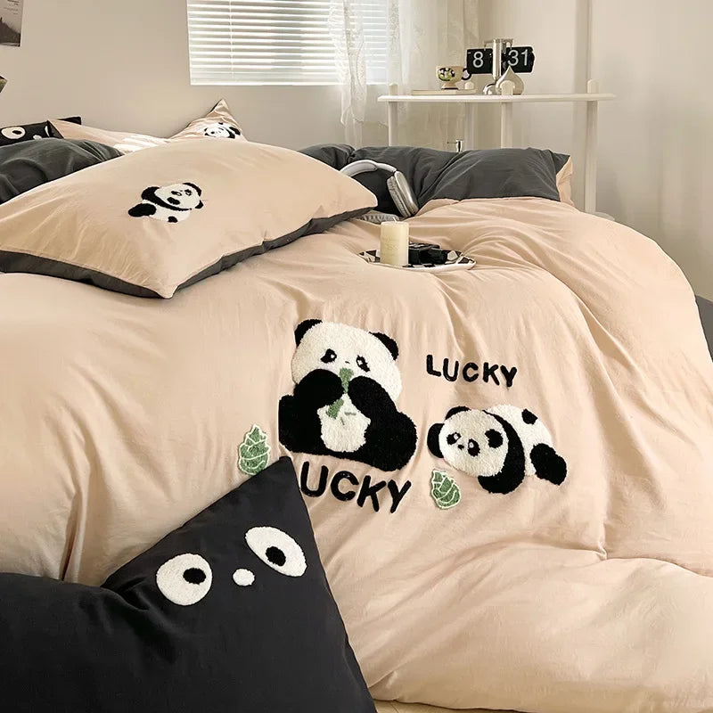 Afralia™ Panda Embroidery Washed Cotton Comforter Set with Fitted Sheet