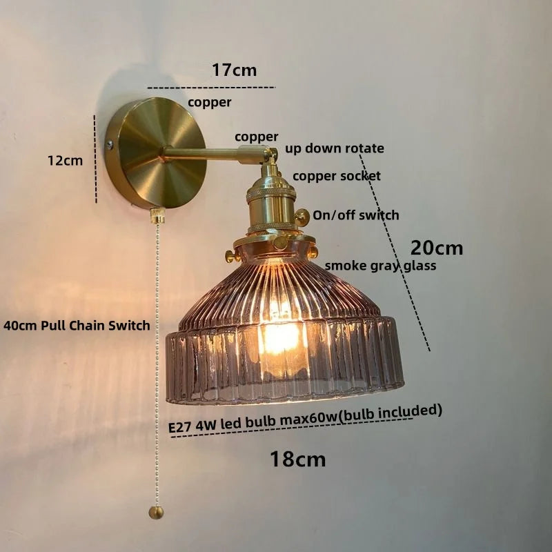 Afralia™ Clear Glass Copper Socket LED Wall Lamp with Pull Chain Switch