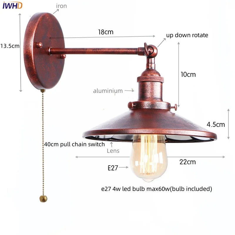 Afralia™ Vintage LED Pull Chain Wall Lights, Industrial Retro Iron Aisle Bedside Lamp