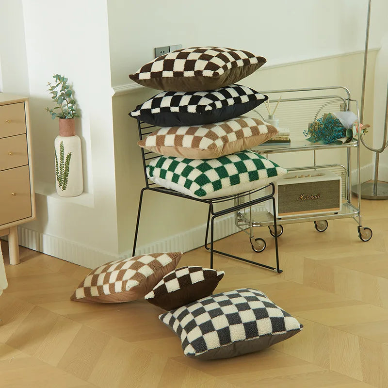 Afralia™ Checkerboard Lamb Throw Pillowcase - Black White Brown Green - Home Decor