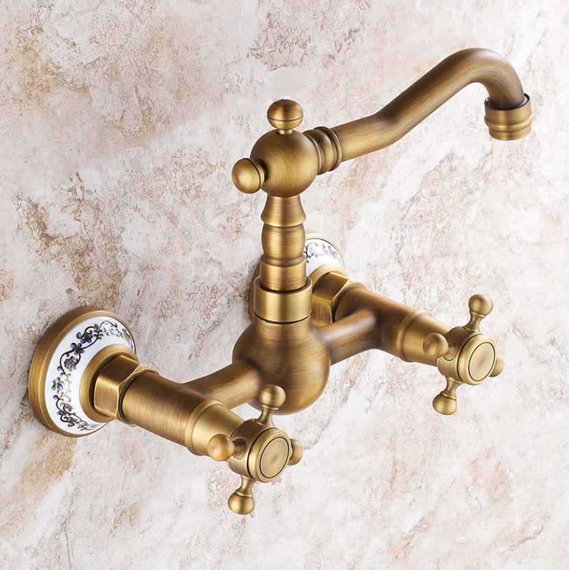 Afralia™ Brass Ceramic Wall Mount Faucet for Bathroom Washbasin - Double Handle Cold Hot Water