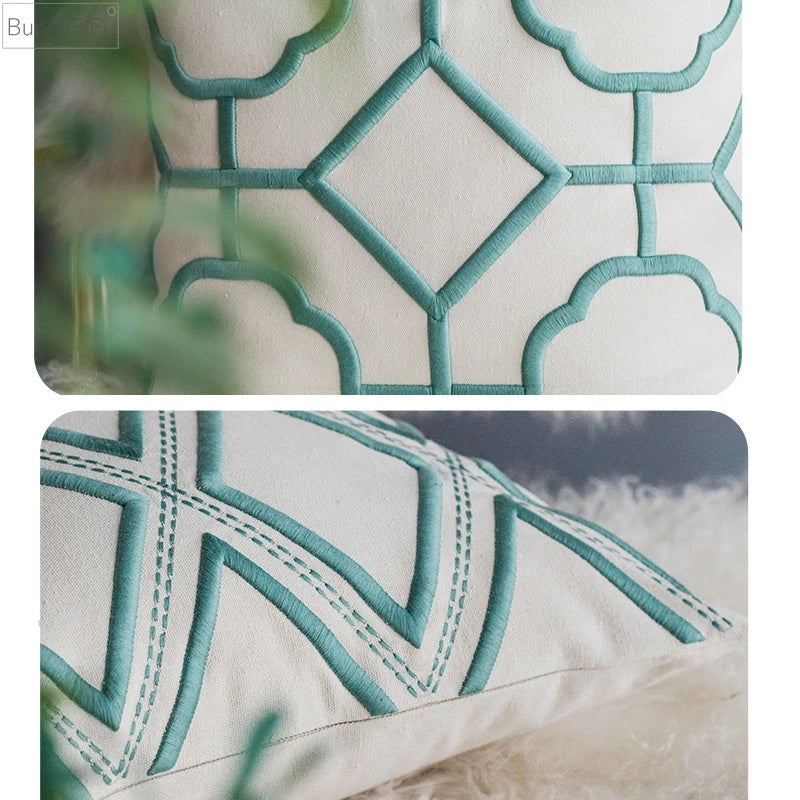 Afralia™ Geometric Embroidery Cushion Cover Navy Blue White Yellow 50x50cm Home Decor Pillow