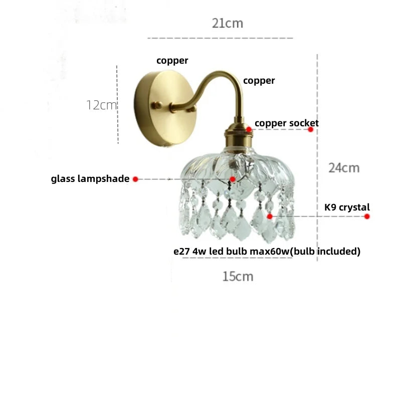 Afralia™ Nordic LED Wall Light with Pull Chain Switch, Crystal Glass Bedside Lamp