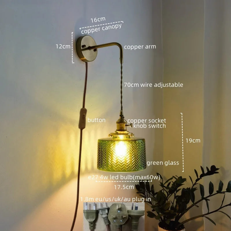 Afralia™ Copper Glass LED Wall Lamps Retro Style for Bedroom Bar Bathroom Mirror