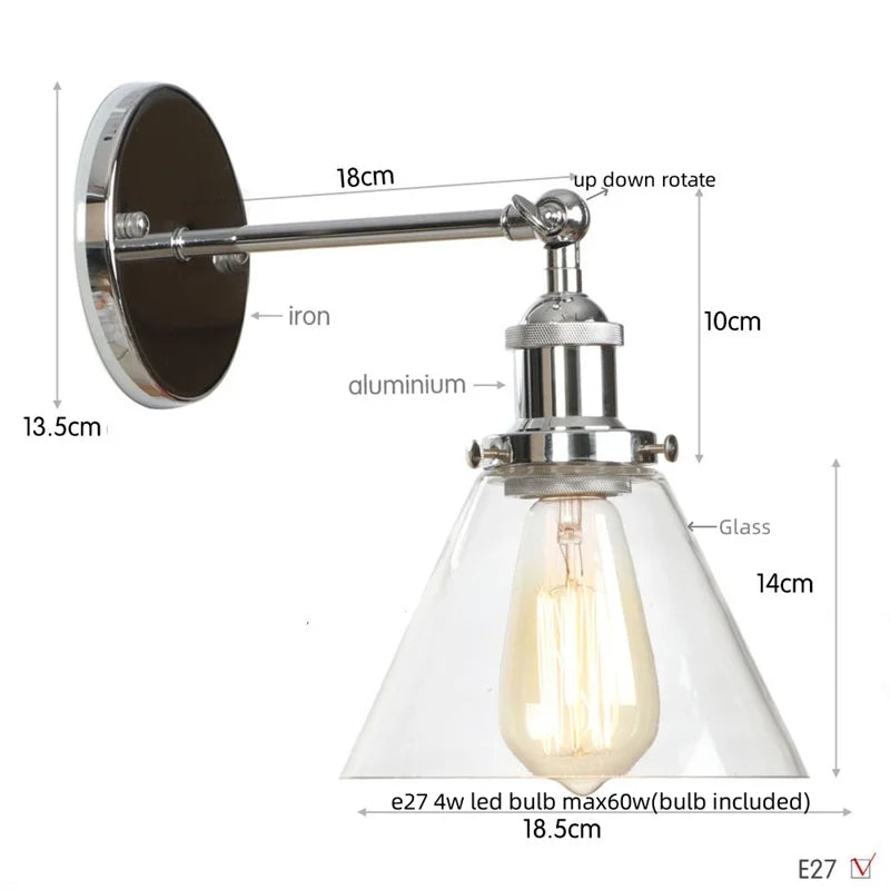 Afralia™ Clear Glass Iron LED Wall Sconce Rustic Industrial Vintage Plug In Light
