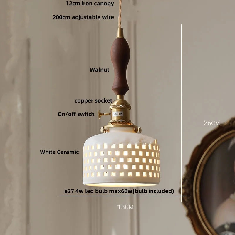 Afralia™ Ceramic Knob Switch LED Pendant Lamp, Nordic Walnut Wood Hanging Light Fixtures for Living Room