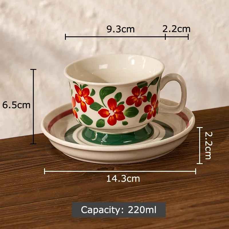 Afralia™ Ink Flowers Ceramic Cup & Saucer Set - Gold-plated Coffee Mug for Dining Table