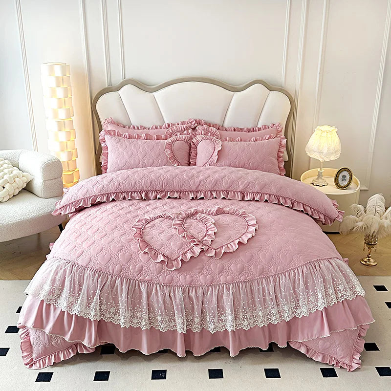 Afralia™ Korean Princess Style Bedding Set with Lace Ruffles and Love Theme