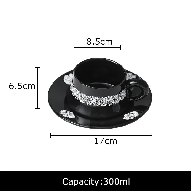 Afralia™ Black Flower Porcelain Cup & Saucer Set, Elegant Coffee Mug for Dining & Afternoon Tea