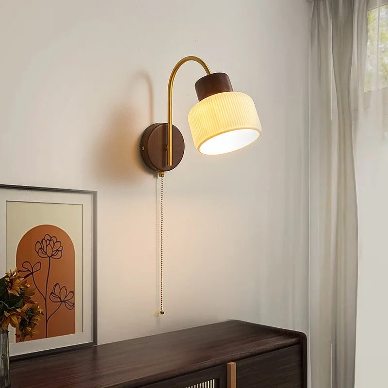 Afralia™ Ceramic Wood LED Wall Sconce Pull Chain Switch for Living Room Bedroom Hallway