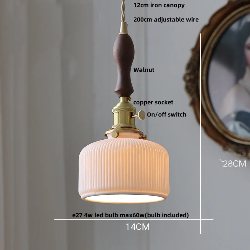 Afralia™ Nordic LED Pendant Light Walnut Wood Green Ceramic Hanging Lamp