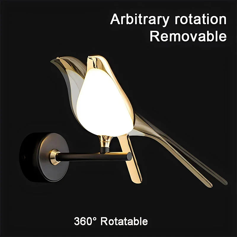 Afralia™ Magpie Bird Touch Switch LED Wall Lamps 360° Rotatable Indoor Golden Silver Wall Lights