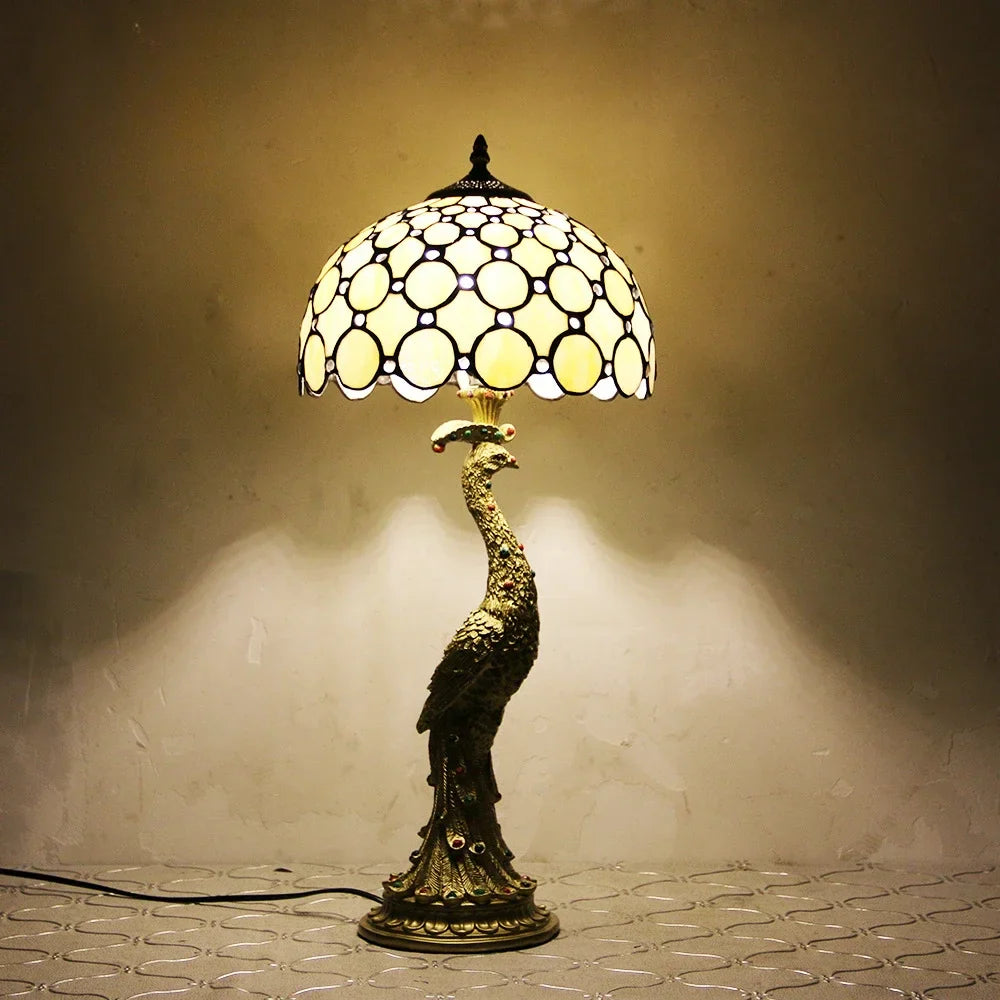 Afralia™ Peacock Stained Glass LED Bedside Table Lamp for Living Room Bedroom Lighting