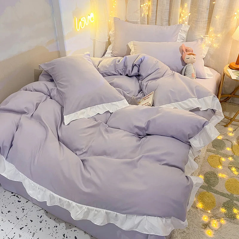 Afralia™ Cotton Ruffle Edge Duvet Cover Set - Soft, Thick, Solid Color