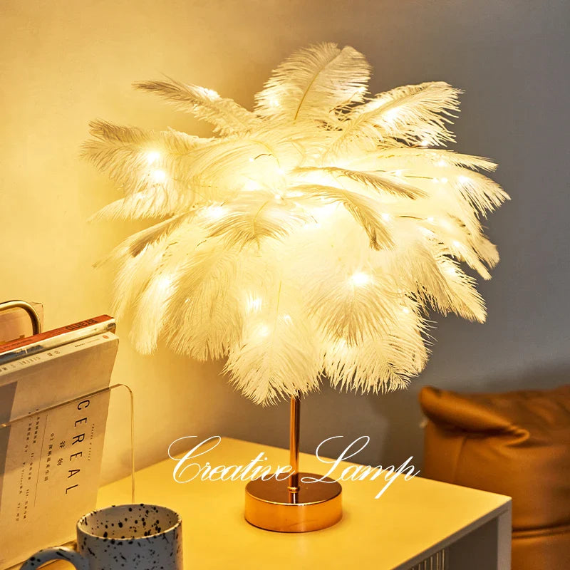 Afralia™ Feather Table Lamp: Creative Warm White Light Tree with Pink & White Feather Lampshade