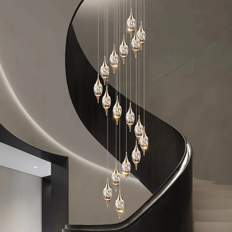 Afralia™ Crystal Chandelier Stair Pendant Lamp Living Room Interior Lighting