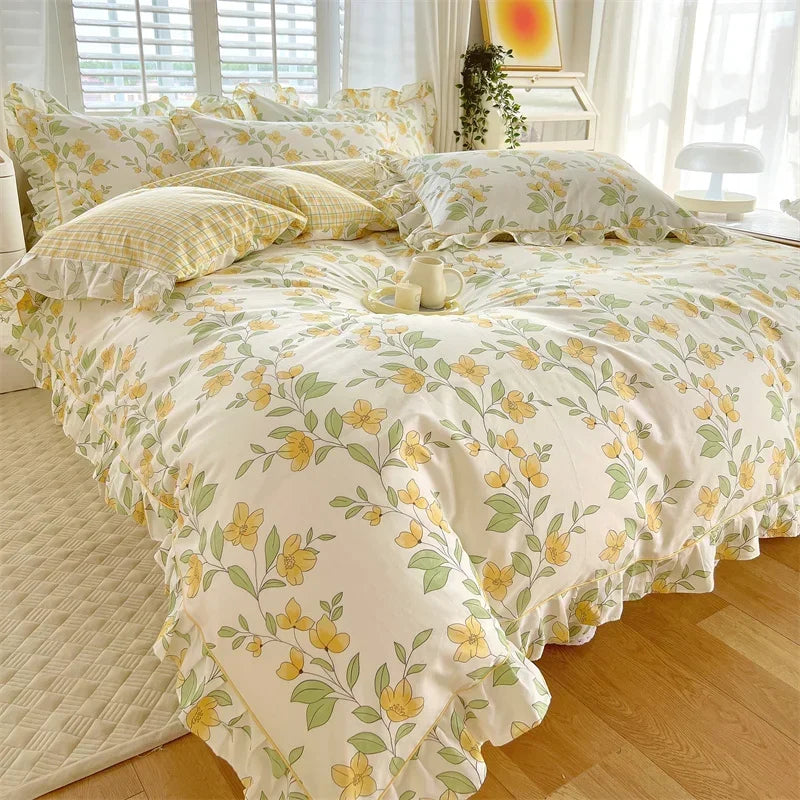Afralia™ Princess Ruffles 100% Cotton Quilt Cover Set - Floral Soft Duvet Cover