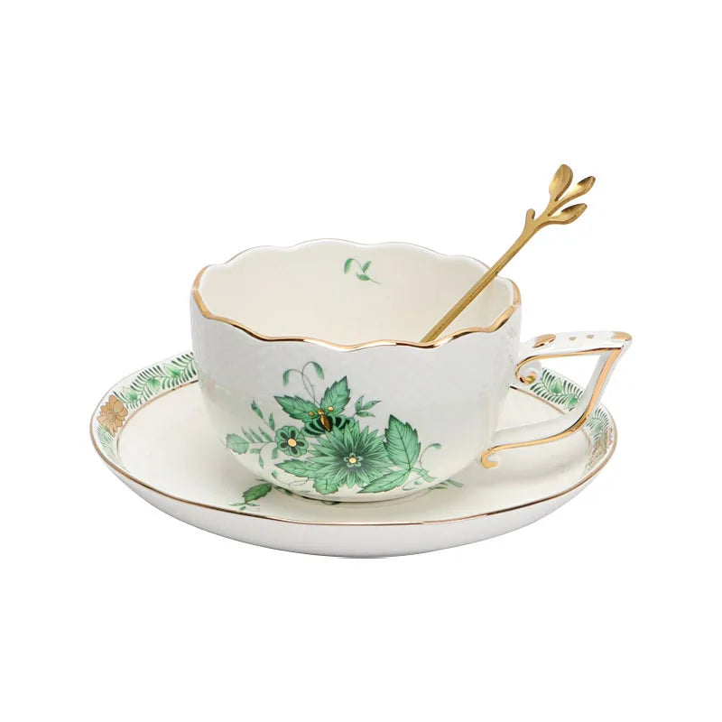 Afralia™ Green Plant Patterns Ceramic Tea Cup Set with Spoon and Plate - Perfect for English Afternoon Tea Time