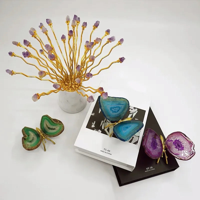 Afralia™ Agate Butterfly Ornament Brass Insect Statue Home Decoration