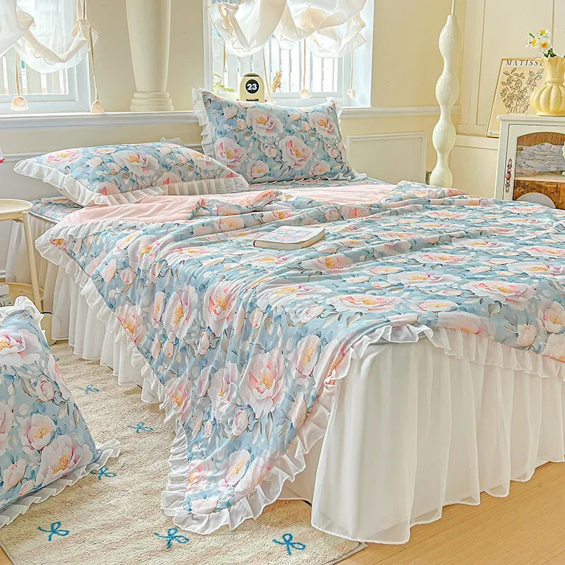 Afralia™ Floral Print Lace and Ruffle Summer Quilt: Skin-Friendly, Breathable Comforter