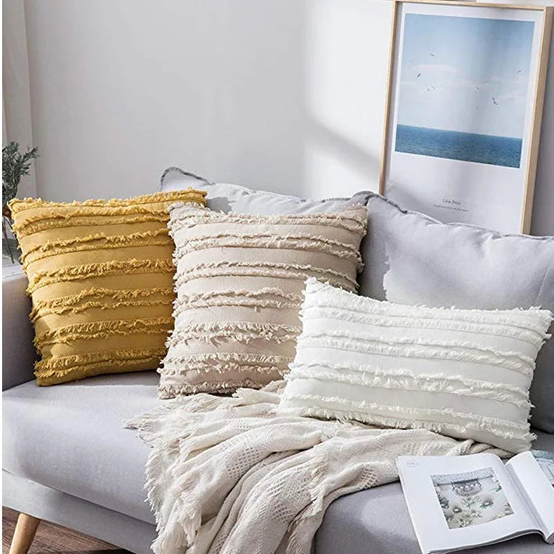 Afralia™ Mustard Yellow Linen Striped Jacquard Throw Pillow Cover Set