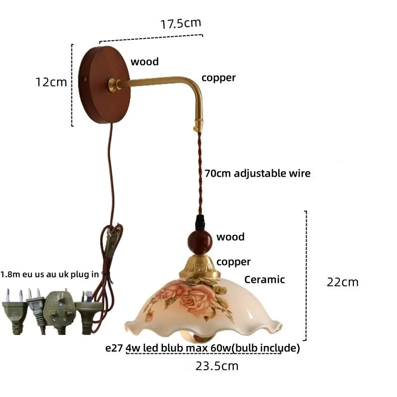 Afralia™ Ceramic LED Wall Light Copper Pull Chain Wood Base Modern Bedside Lamp