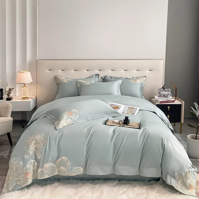 Afralia™ White Egyptian Cotton Flowers Embroidery Bedding Set | 600TC Duvet Cover, Sheet, Pillowcase