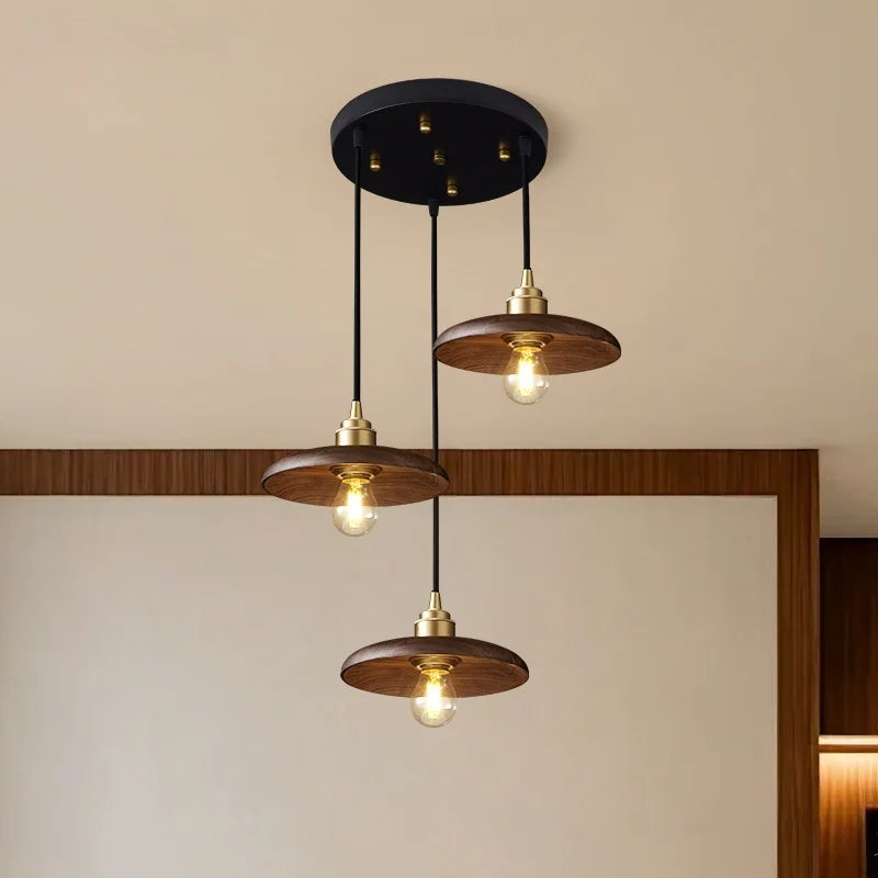 Afralia™ Japanese LED Pendant Light Vintage Style Wood Copper Hanging Lamp