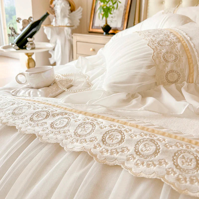 Afralia™ Velvet Fleece Princess Bedding Set with French Pleat Lace Ruffles, Plush & Warm