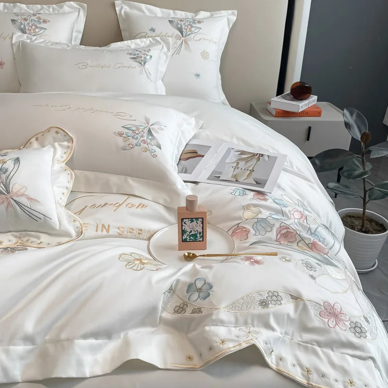 Afralia™ Chic Flowers Embroidery Princess Bedding Set - 100% Egyptian Cotton - Duvet Cover, Sheet, Pillowcases