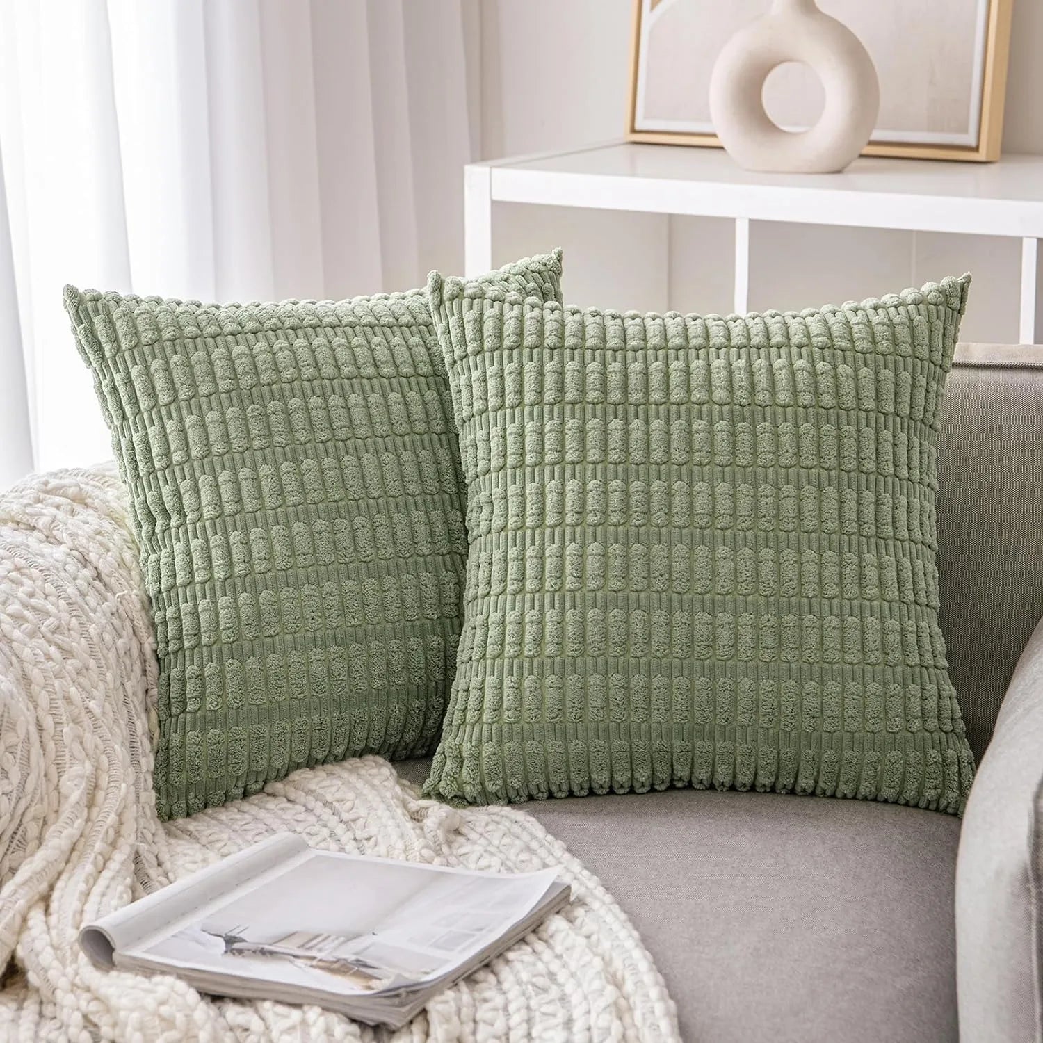 Afralia™ Corduroy 45x45cm Throw Pillow Cover for Sofa Decor - Green Solid Color