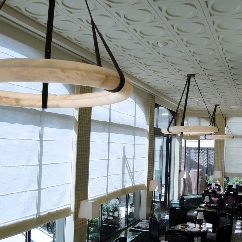 Afralia™ Modern Brown Leather Round Ring Lucite Pendant Light