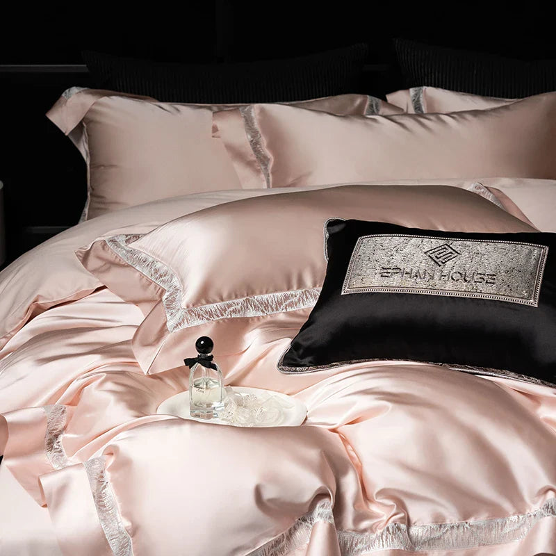 Afralia™ Luxe Brocade & Egyptian Cotton Bedding Set with Hollow Lace Edge
