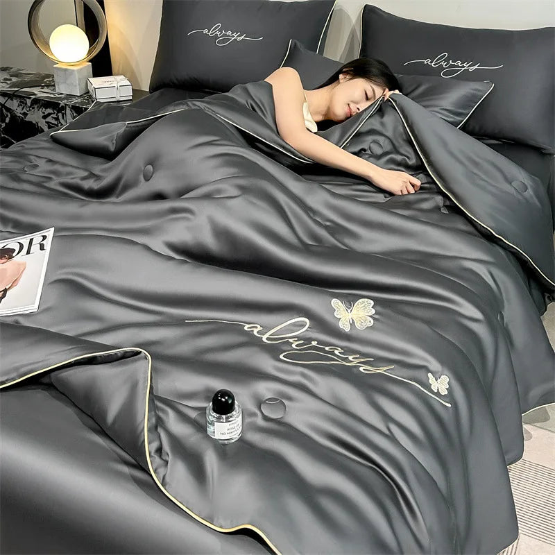 Afralia™ Nordic Style Floral Embroidered Ice Silk Comforter Set for Cooling Luxury Experience.
