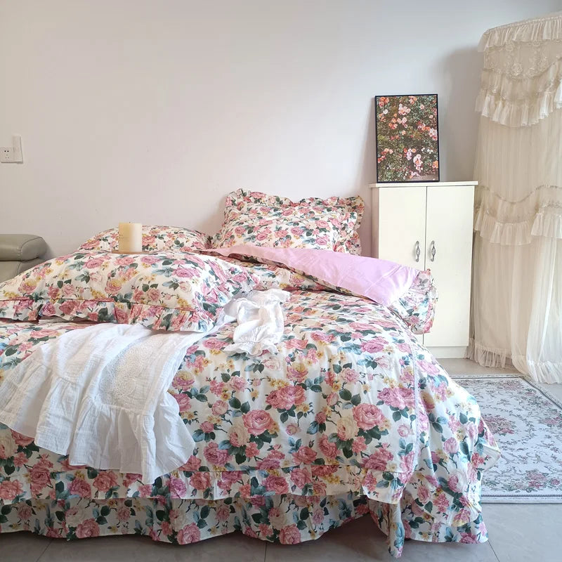 Afralia™ Vintage Rose Flowers Lace Ruffles Cotton Girl Bedding Set - 1 Duvet, 1 Sheet, 2 Pillowcases