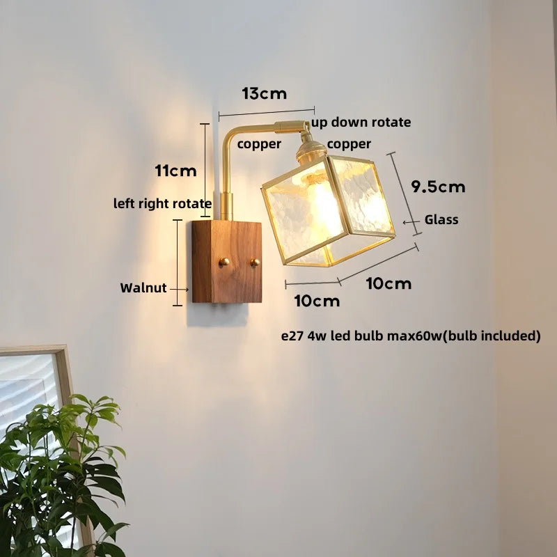 Afralia™ LED Walnut Wood Cube Glass Wall Light with Pull Chain Switch