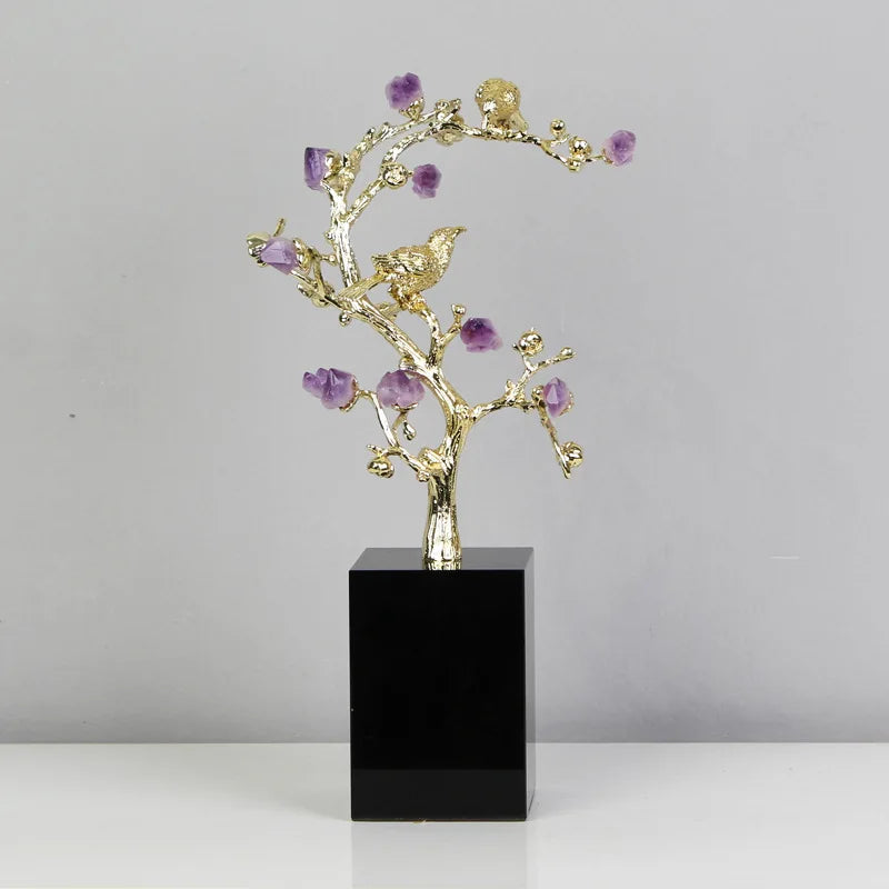 Afralia™ Golden Tree Crystal Flower Brass Amethyst Decor with Golden Bird Figurines