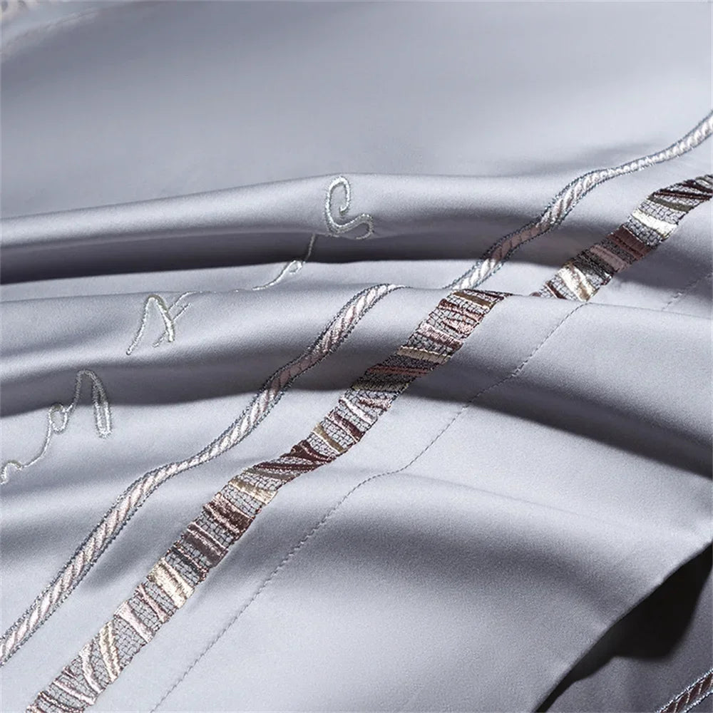 Afralia™ Cotton Satin Jacquard Embroidery Bedding Set with Elastic Sheet & Duvet Cover